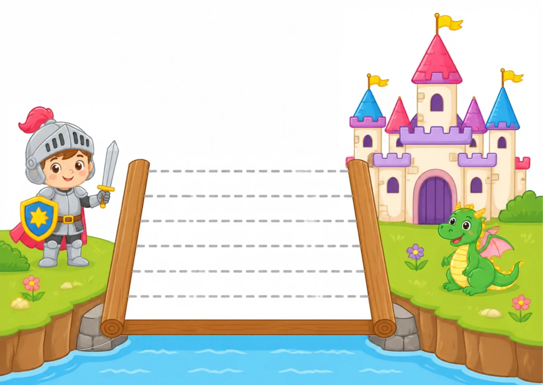 Two castle towers over a river with five dashed plank lines to draw between them.