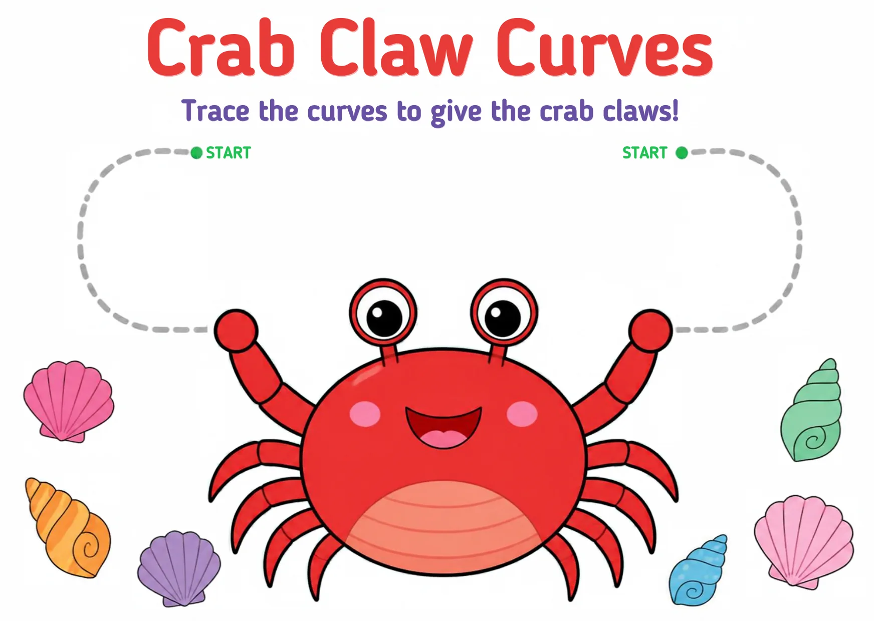 A red crab with dashed C-shaped and backwards-C claw outlines to trace.
