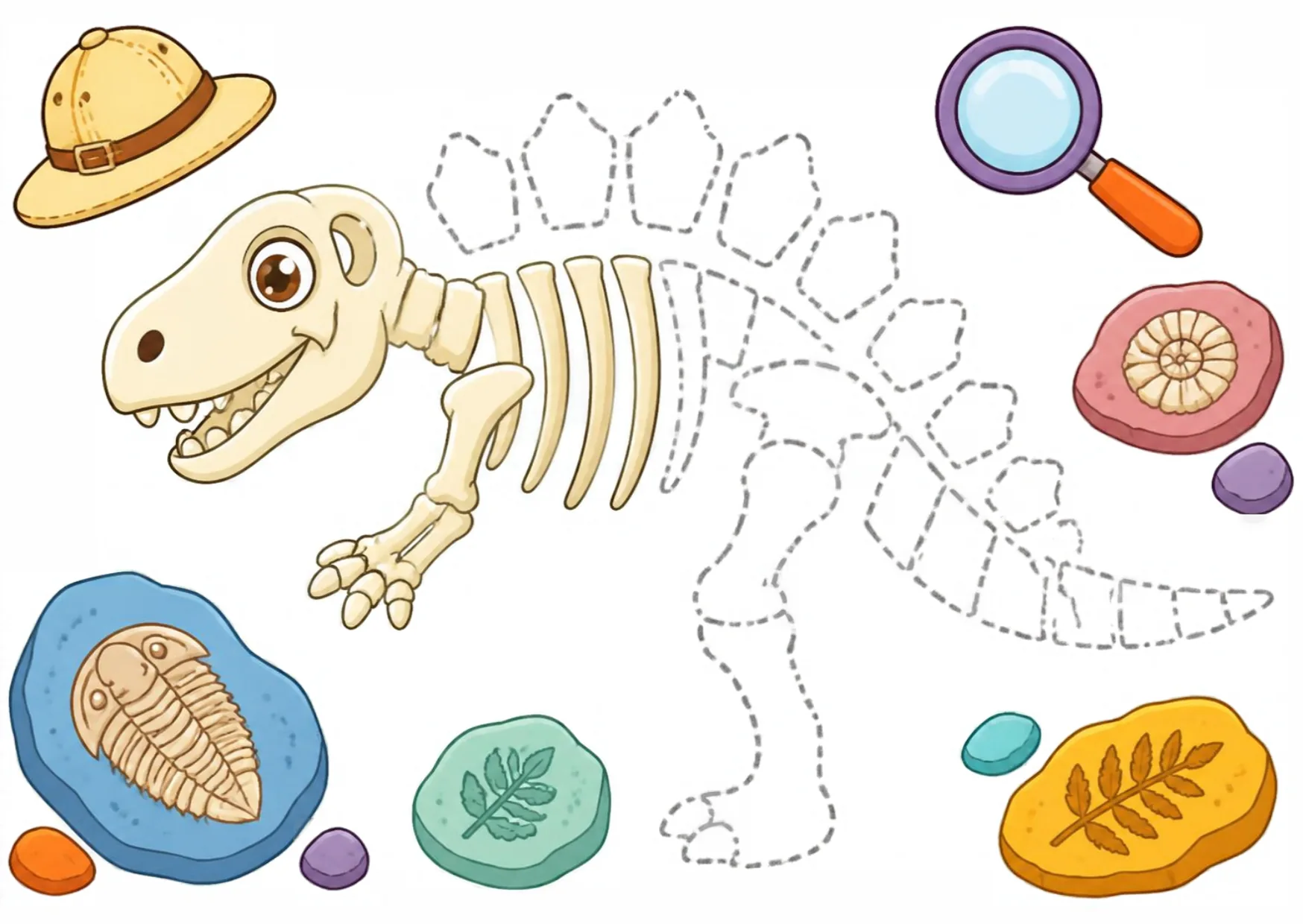 A dinosaur skeleton with dashed outlines on the missing bones to trace.