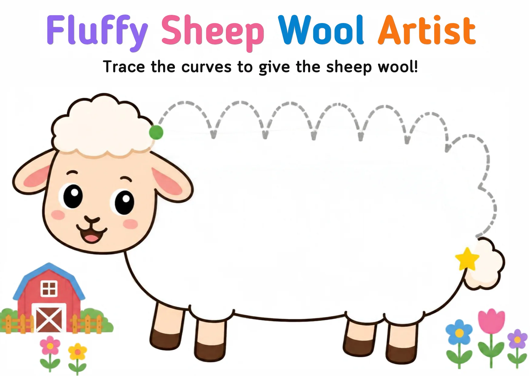 A sheep with dashed chains of rounded wool humps around its body to trace.