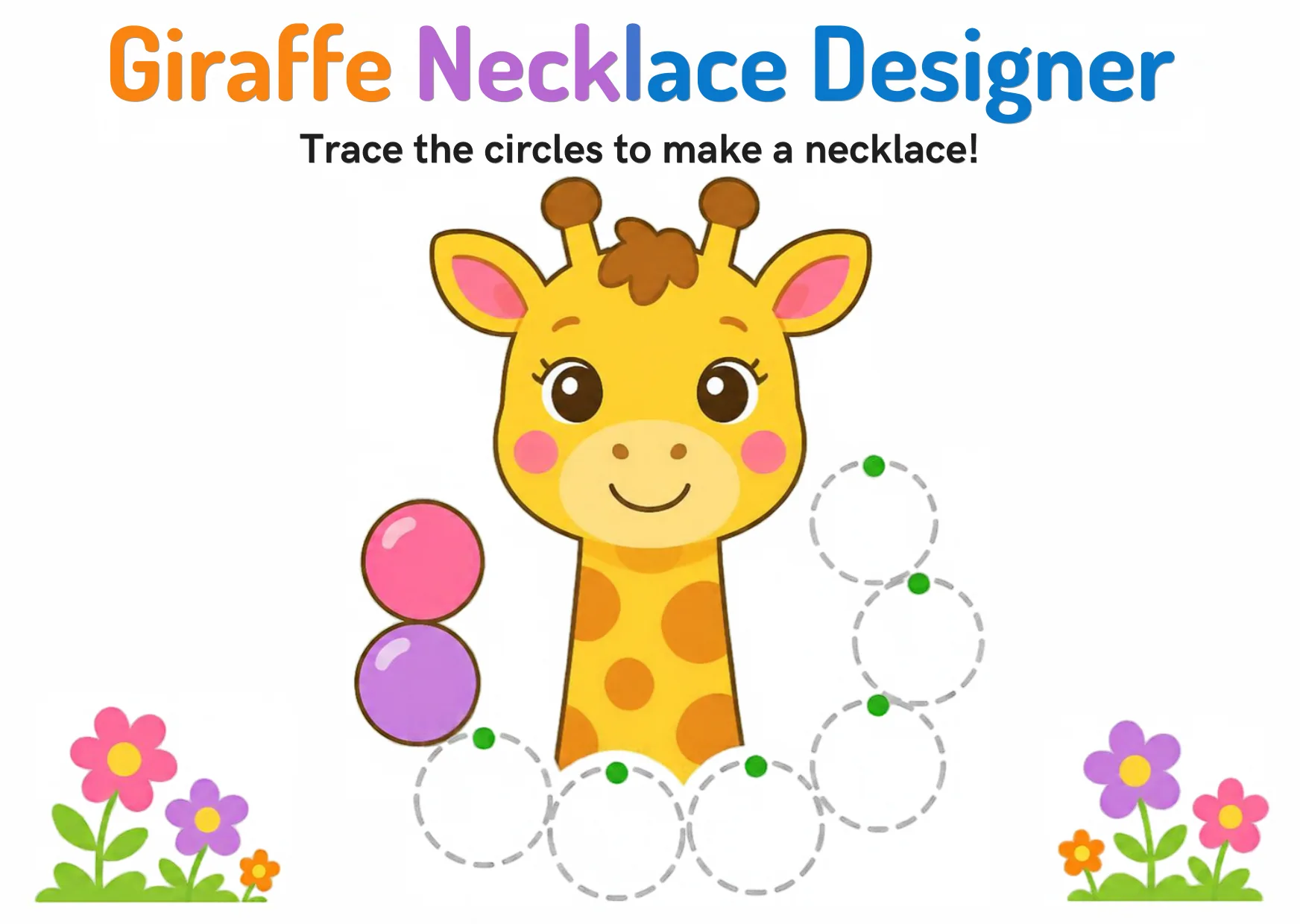 A giraffe with five dashed circle beads hanging as a necklace to trace.