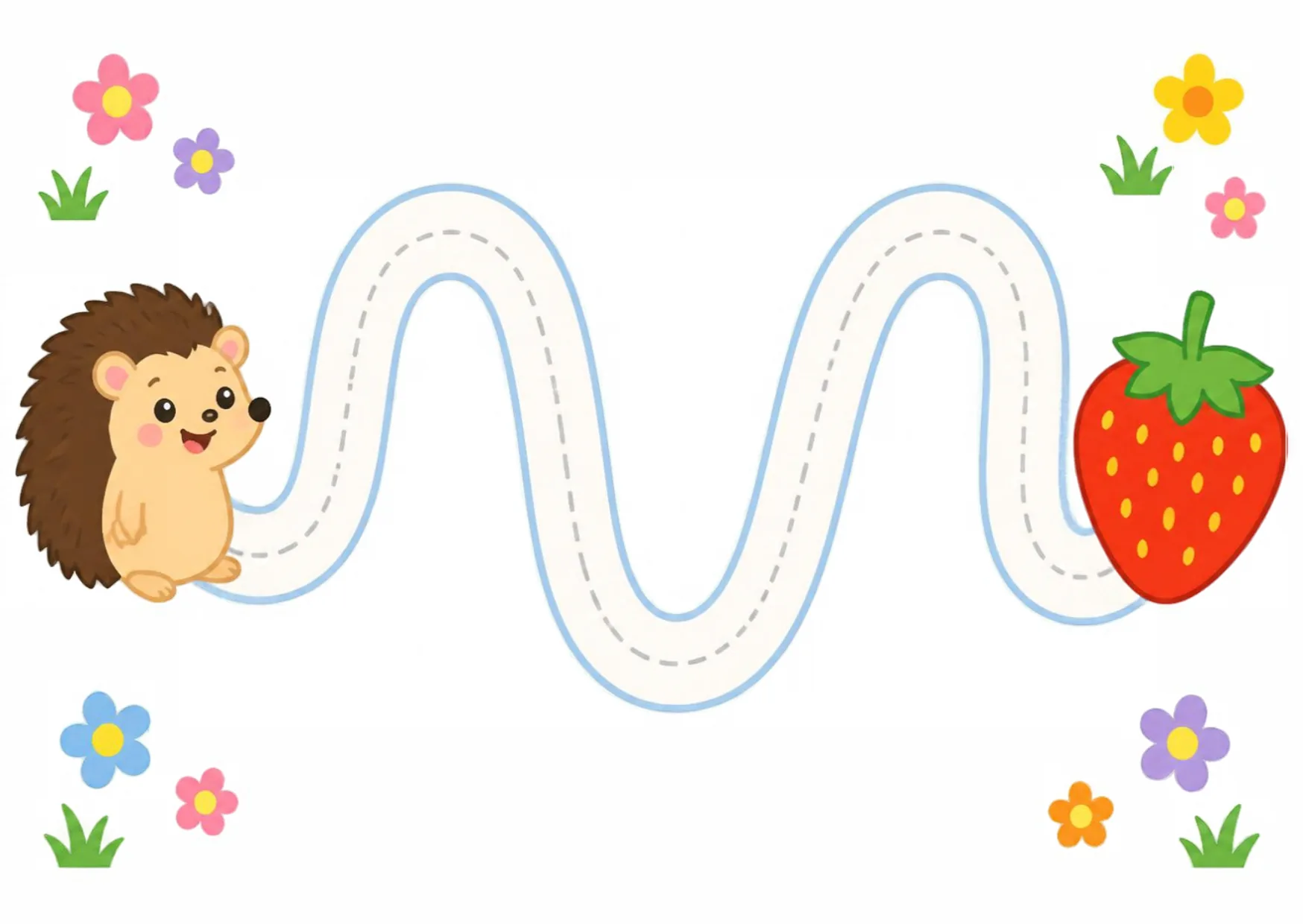 A hedgehog and a strawberry joined by a long dashed winding path to trace.
