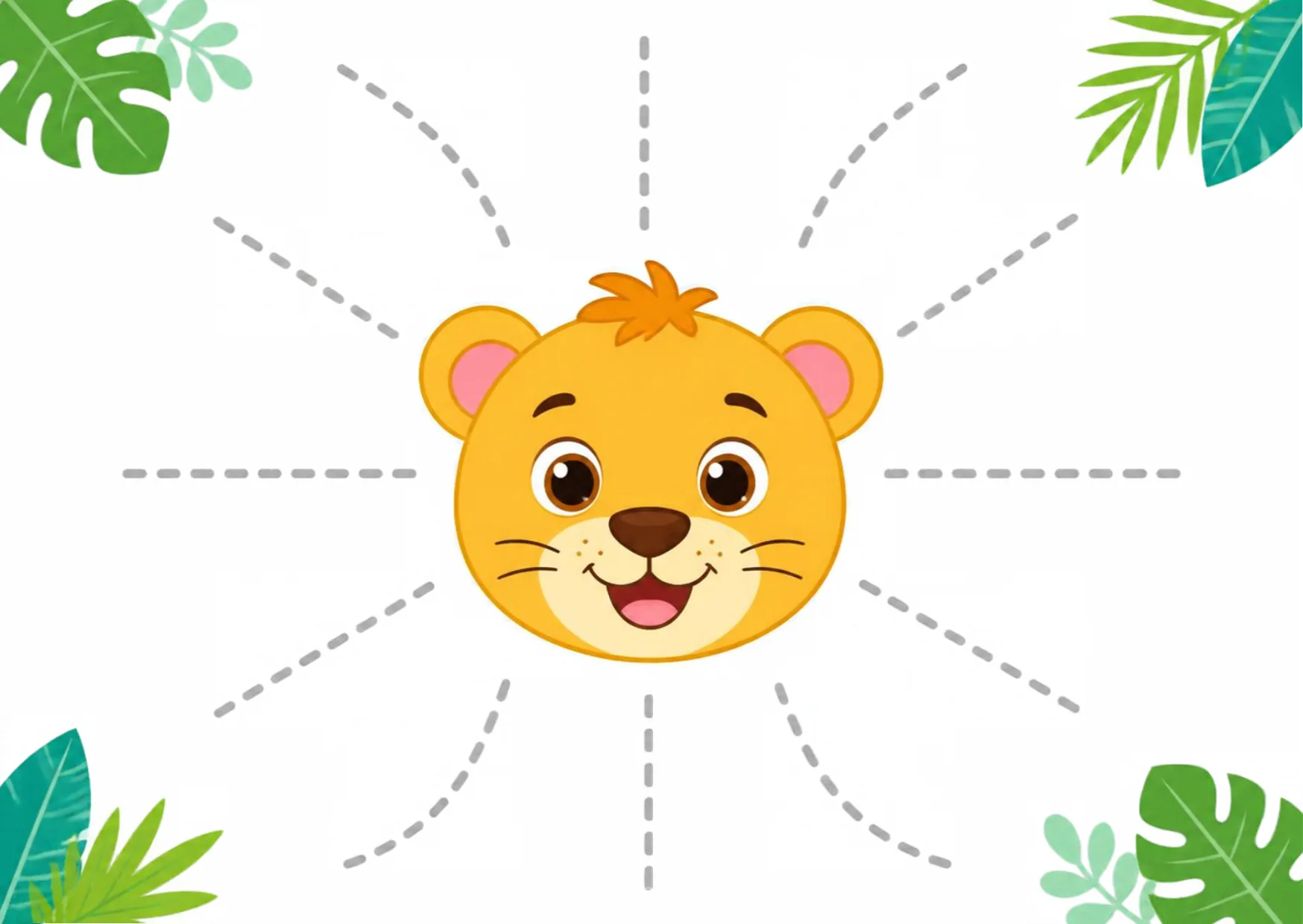 A friendly lion face with twelve dashed mane strokes radiating around it.