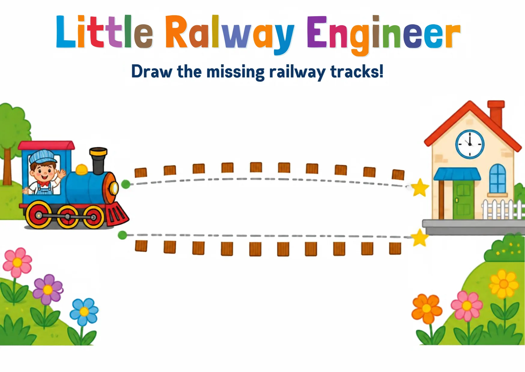 A toy train and a station house with two dashed parallel rail lines to draw between them.