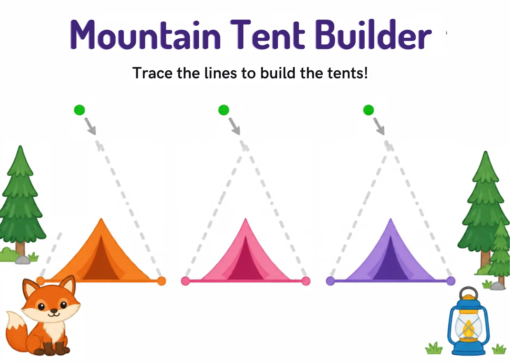 Three tents on a campsite with dashed slanted sides to trace up and down each peak.