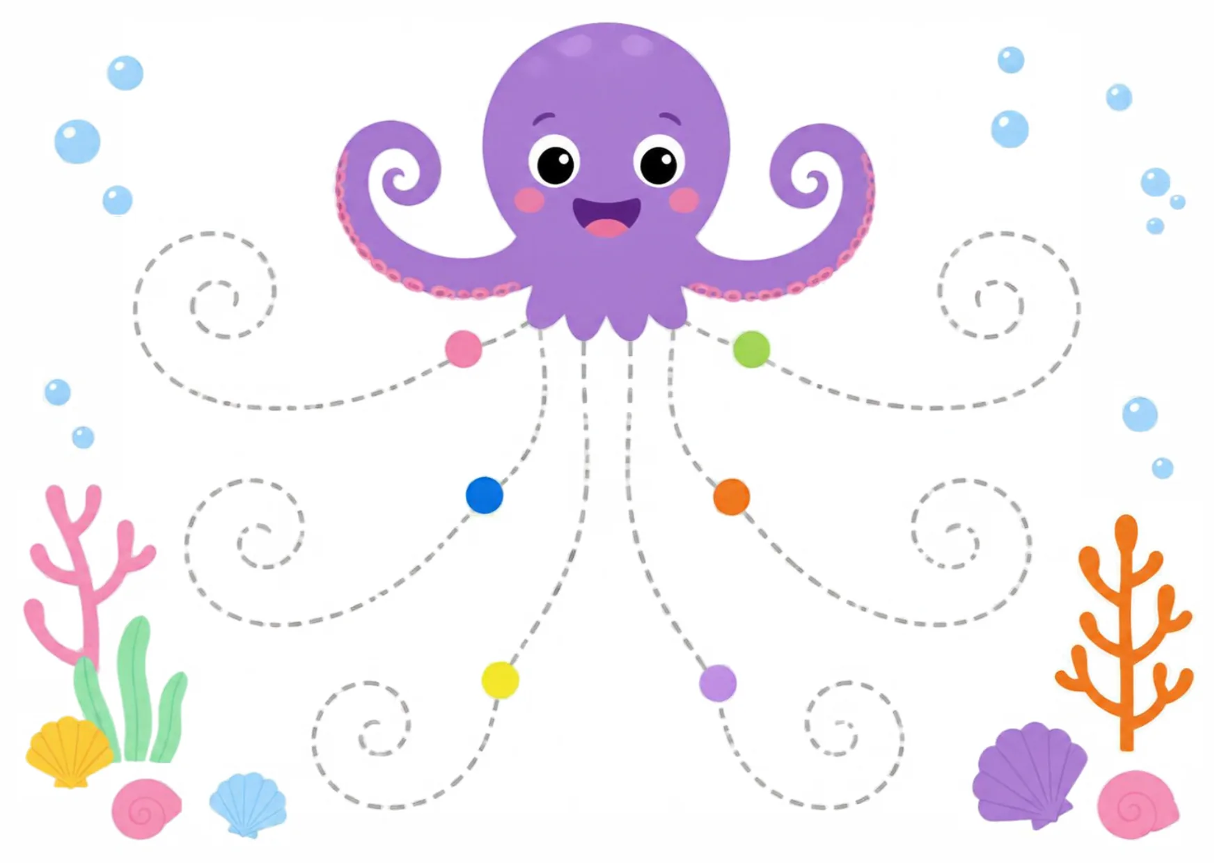 A purple octopus with six dashed curly tentacle outlines to trace.