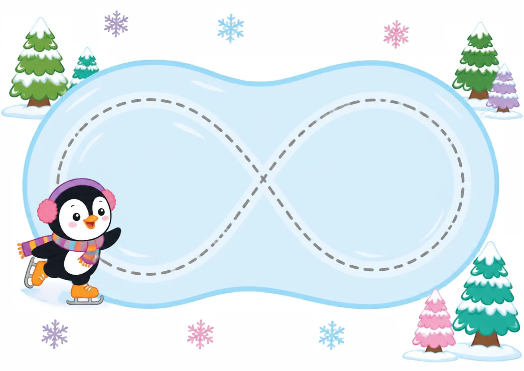 A penguin on an ice rink with a large dashed figure-eight loop to trace.