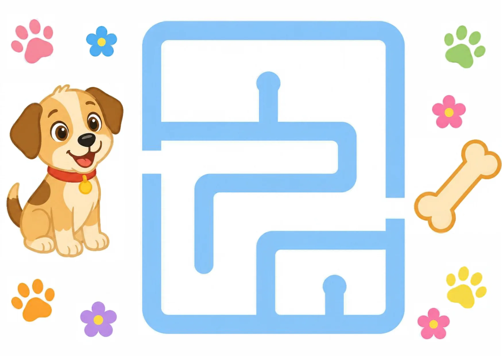 A puppy at a maze entrance and a bone at the exit, with blue walls to draw around.