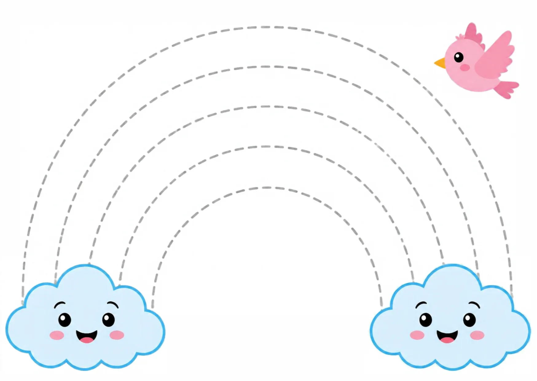 Two smiling clouds with four dashed rainbow arches waiting to be traced.