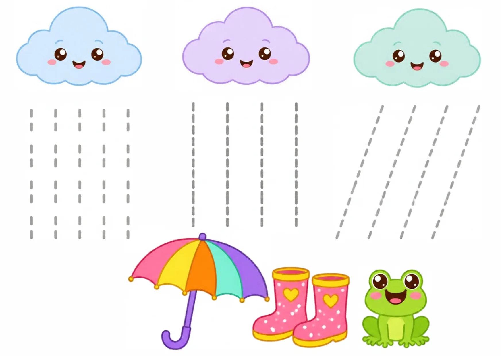 Three smiling clouds with dashed short, long and slanted rain lines to trace.