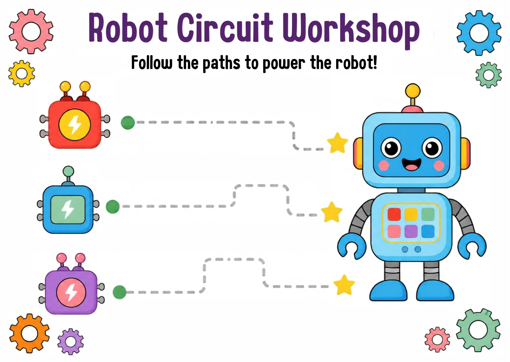 Batteries and a robot with dashed right-angle circuit paths to trace.