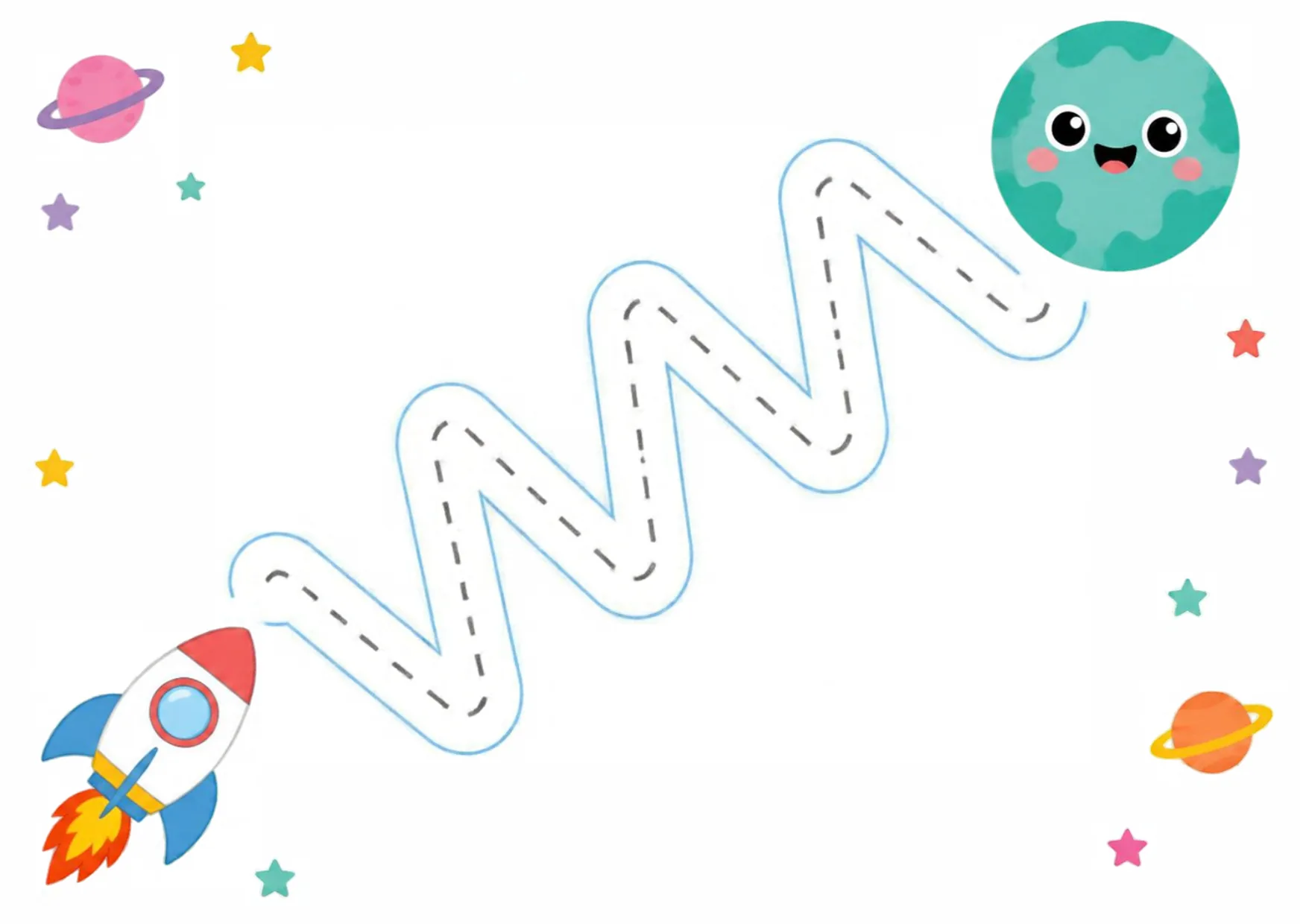 A rocket and a planet joined by a dashed zigzag flight path to trace.