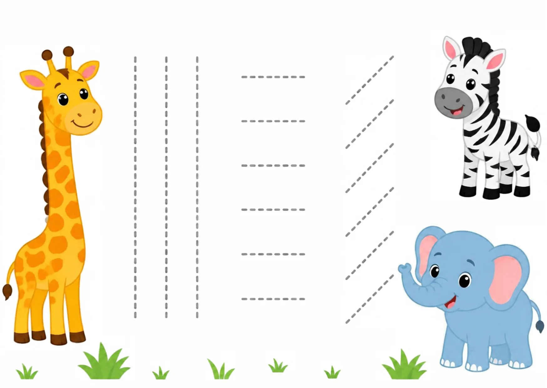 A giraffe, a zebra and an elephant with dashed vertical, horizontal and diagonal lines to trace.