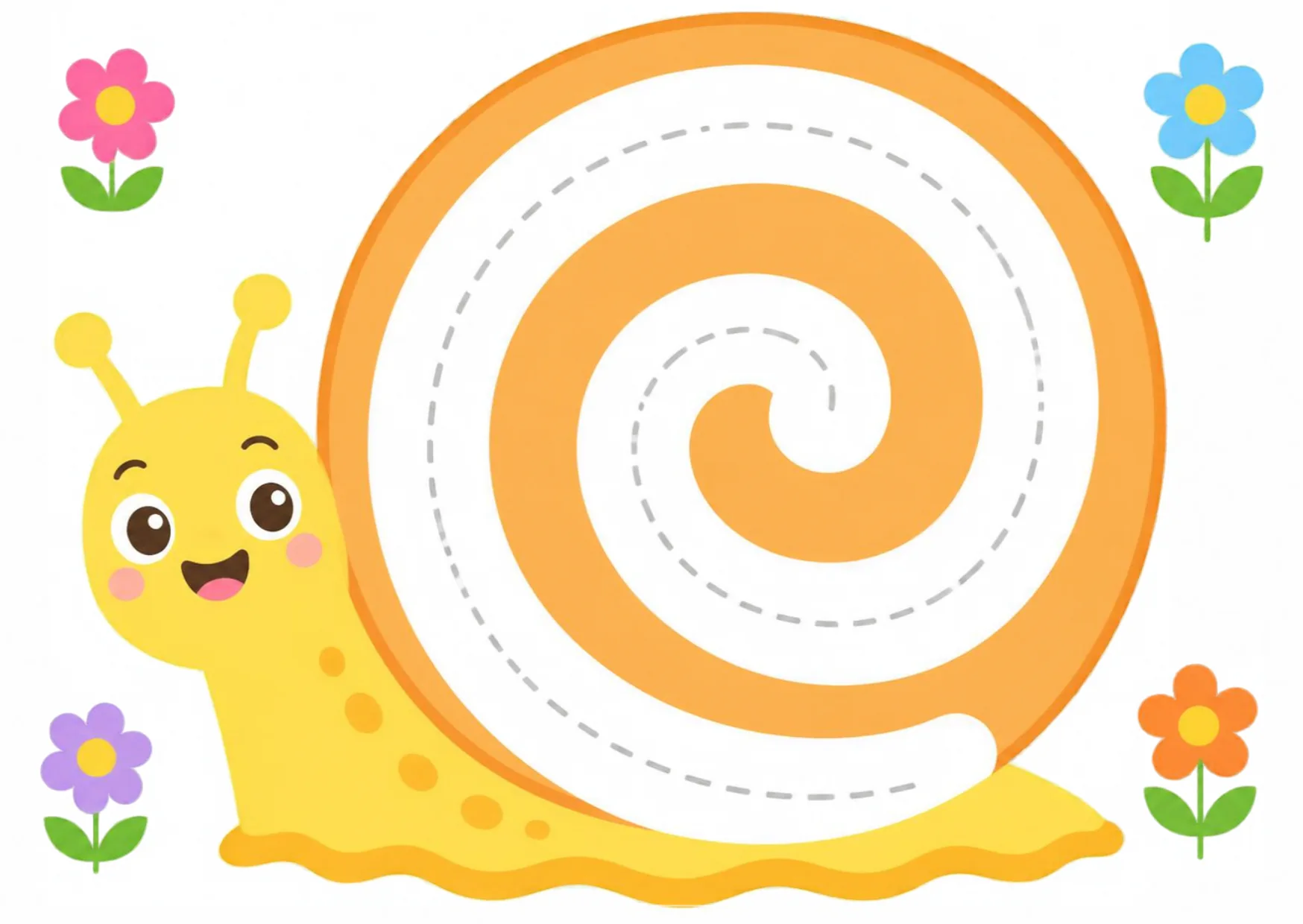 A smiling snail with a big dashed spiral shell to trace from the centre outwards.