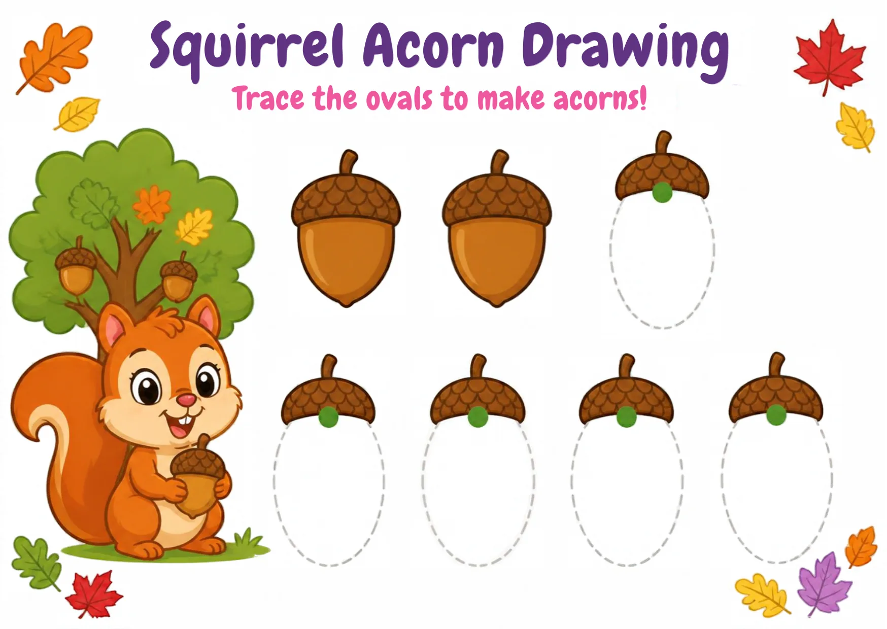 A squirrel beside four dashed oval acorn outlines to trace.