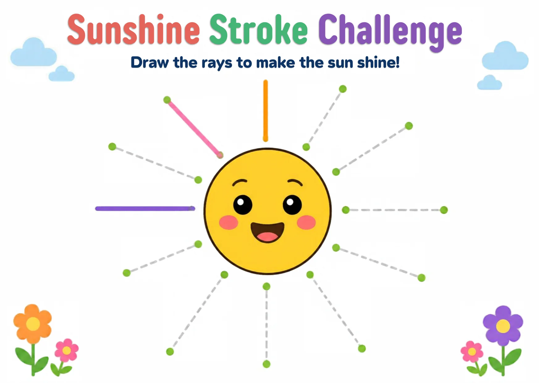 A smiling sun with twelve dashed rays, short and long, to trace all around.