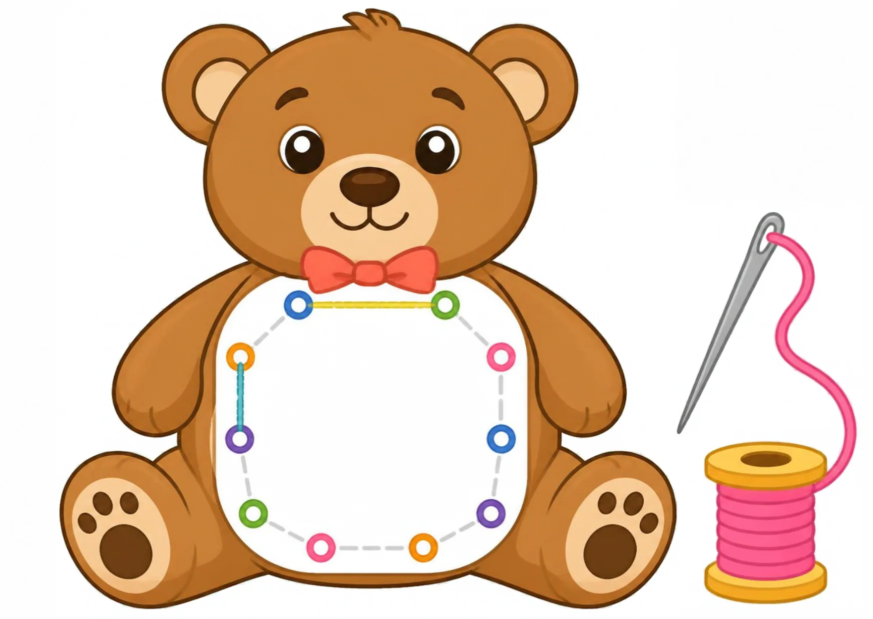 A teddy bear with twelve numbered stitching dots around a fabric patch on its tummy.